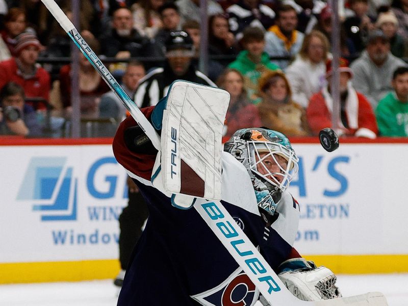 Dec 14, 2024; Denver, Colorado, USA; Colorado Avalanche goaltender Mackenzie Blackwood (39) makes a save in the first period against the Nashville Predators at Ball Arena. Mandatory Credit: Isaiah J. Downing-Imagn Images