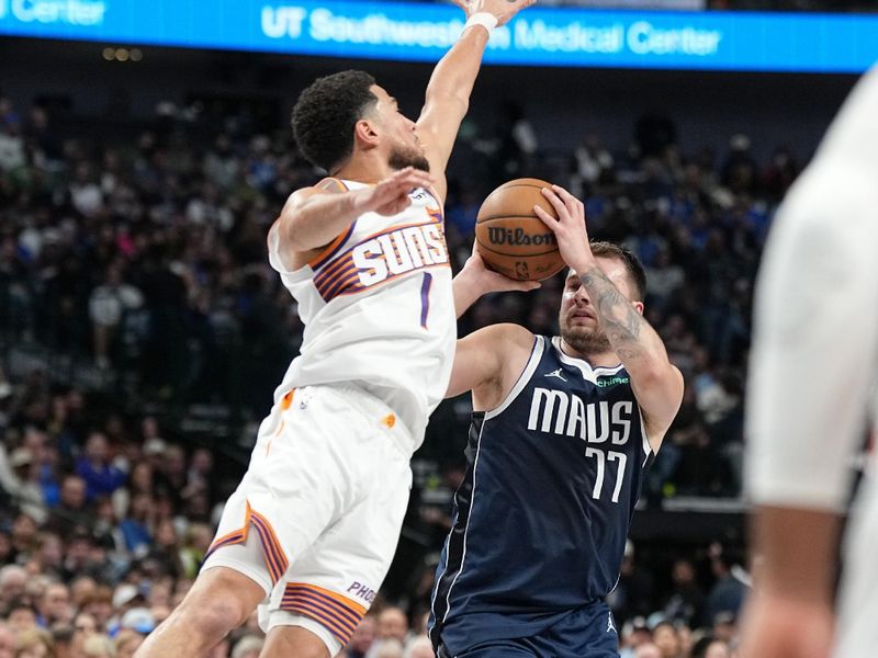 DALLAS, TX - NOVEMBER 8: Devin Booker #1 of the Phoenix Suns blocks the ball during the game against the Dallas Mavericks on November 6, 2024 at the American Airlines Center in Dallas, Texas. NOTE TO USER: User expressly acknowledges and agrees that, by downloading and or using this photograph, User is consenting to the terms and conditions of the Getty Images License Agreement. Mandatory Copyright Notice: Copyright 2024 NBAE (Photo by Glenn James/NBAE via Getty Images)