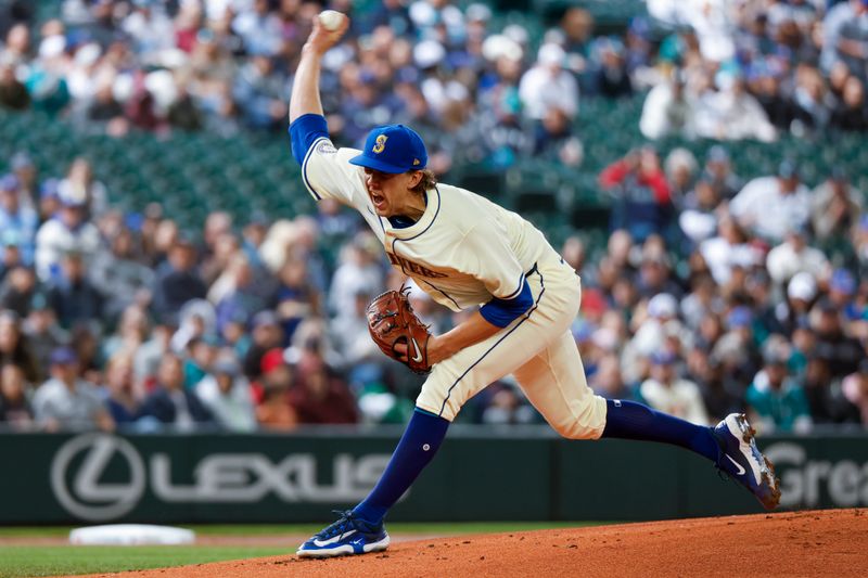 Apr 28, 2024; Seattle, Washington, USA; Seattle Mariners starting pitcher Logan Gilbert (36) throws against the Arizona Diamondbacks during the first inning at T-Mobile Park. Mandatory Credit: Joe Nicholson-USA TODAY Sports