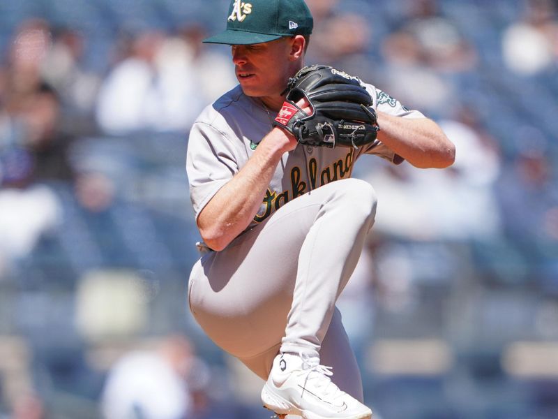 Apr 22, 2024; Bronx, New York, USA; Oakland Athletics pitcher JP Sears (38) delivers against the New York Yankees during the first inning at Yankee Stadium. Mandatory Credit: Gregory Fisher-USA TODAY Sports