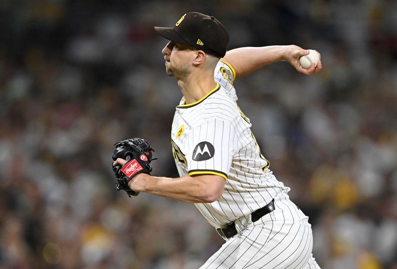 Oct 2, 2024; San Diego, California, USA; San Diego Padres pitcher Bryan Hoeing (78) throws during the fourth inning of game two in the Wildcard round for the 2024 MLB Playoffs against the Atlanta Braves at Petco Park. Mandatory Credit: Denis Poroy-Imagn Images