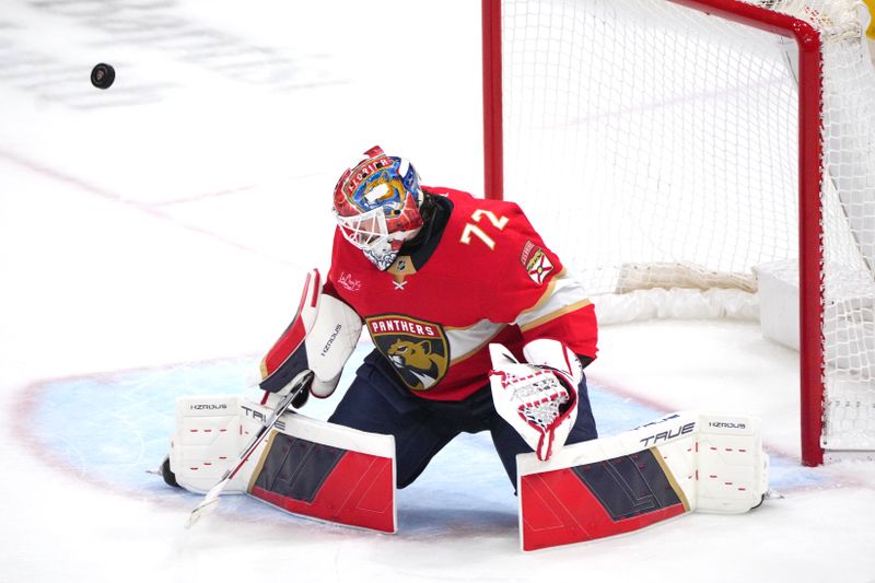 Feb 1, 2025; Sunrise, Florida, USA; Florida Panthers goaltender Sergei Bobrovsky (72) makes a save against the Chicago Blackhawks in the third period at Amerant Bank Arena. Mandatory Credit: Jim Rassol-Imagn Images