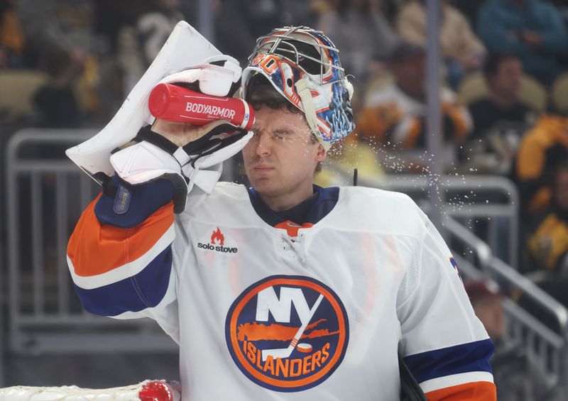 Mar 18, 2025; Pittsburgh, Pennsylvania, USA;  New York Islanders goaltender Ilya Sorokin (30) squirts water on himself against the Pittsburgh Penguins during the first period at PPG Paints Arena. Mandatory Credit: Charles LeClaire-Imagn Images