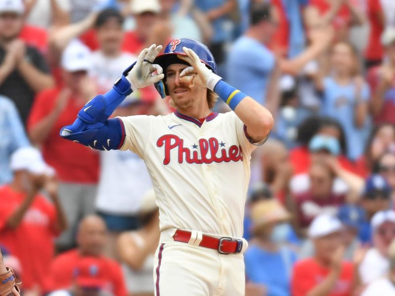 Jun 11, 2023; Philadelphia, Pennsylvania, USA; Philadelphia Phillies second baseman Bryson Stott (5) reacts after hitting a triple against the Los Angeles Dodgers during the seventh inning at Citizens Bank Park. Mandatory Credit: Eric Hartline-USA TODAY Sports