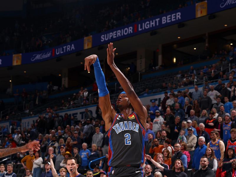 OKLAHOMA CITY, OK - DECEMBER 16: Shai Gilgeous-Alexander #2 of the Oklahoma City Thunder shoots a three point basket during the game against the Minnesota Timberwolves on December 16, 2022 at Paycom Arena in Oklahoma City, Oklahoma. NOTE TO USER: User expressly acknowledges and agrees that, by downloading and or using this photograph, User is consenting to the terms and conditions of the Getty Images License Agreement. Mandatory Copyright Notice: Copyright 2022 NBAE (Photo by Zach Beeker/NBAE via Getty Images)