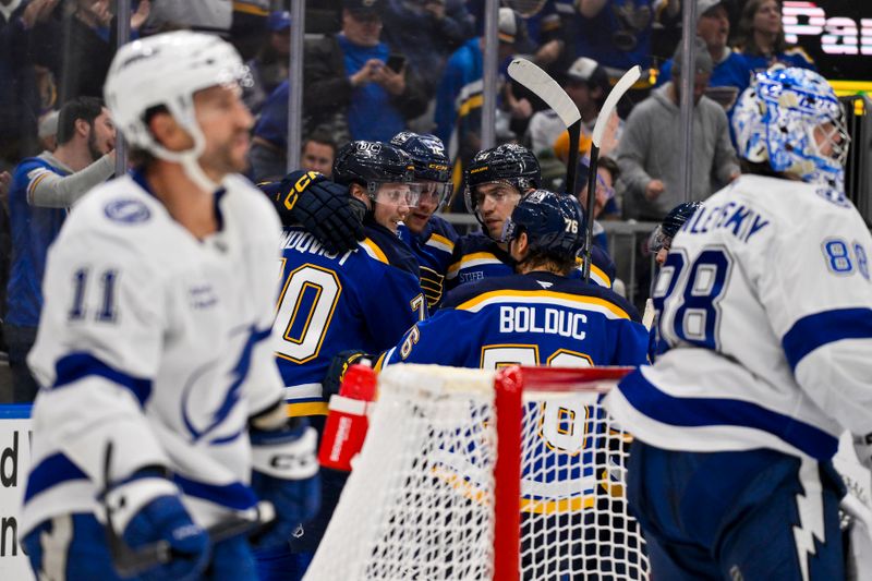 Nov 5, 2024; St. Louis, Missouri, USA;  St. Louis Blues center Oskar Sundqvist (70) celebrates with teammates after scoring against the Tampa Bay Lightning during the second period at Enterprise Center. Mandatory Credit: Jeff Curry-Imagn Images