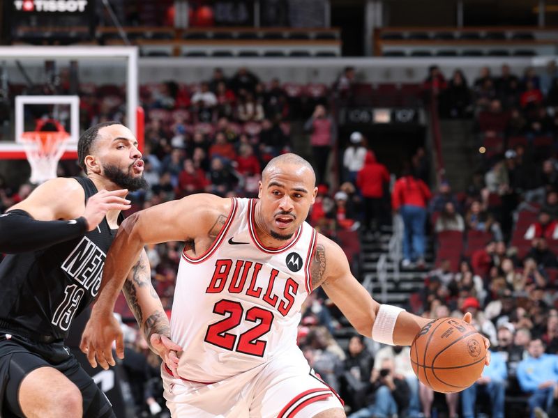 CHICAGO, IL - DECEMBER 2: Talen Horton-Tucker #22 of the Chicago Bulls dribbles the ball during the game against the Brooklyn Nets on December 2, 2024 at United Center in Chicago, Illinois. NOTE TO USER: User expressly acknowledges and agrees that, by downloading and or using this photograph, User is consenting to the terms and conditions of the Getty Images License Agreement. Mandatory Copyright Notice: Copyright 2024 NBAE (Photo by Jeff Haynes/NBAE via Getty Images)