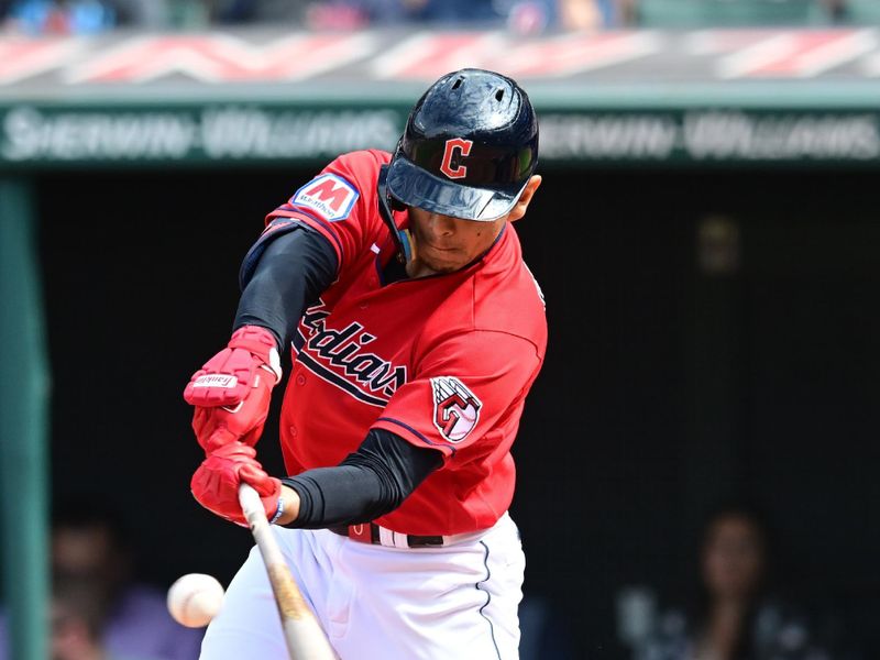 Sep 17, 2023; Cleveland, Ohio, USA; Cleveland Guardians second baseman Andres Gimenez (0) hits an RBI single during the fourth inning against the Texas Rangers at Progressive Field. Mandatory Credit: Ken Blaze-USA TODAY Sports