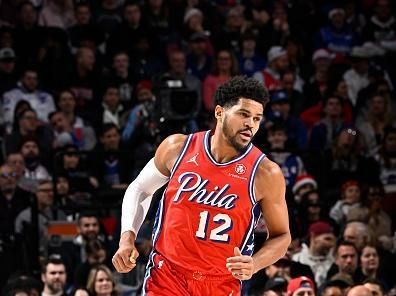 PHILADELPHIA, PA - DECEMBER 22:  Tobias Harris #12 of the Philadelphia 76ers looks on during the game against the Toronto Raptors on December 22, 2023 at the Wells Fargo Center in Philadelphia, Pennsylvania NOTE TO USER: User expressly acknowledges and agrees that, by downloading and/or using this Photograph, user is consenting to the terms and conditions of the Getty Images License Agreement. Mandatory Copyright Notice: Copyright 2023 NBAE (Photo by David Dow/NBAE via Getty Images)