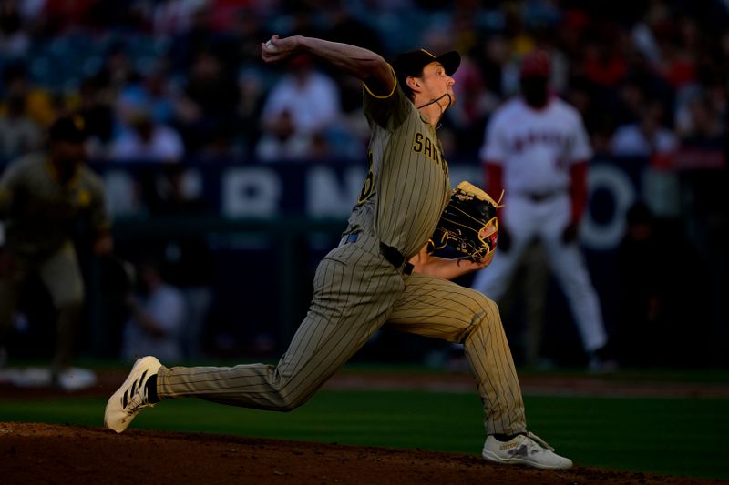 Jun 4, 2024; Anaheim, California, USA;  San Diego Padres starting pitcher Adam Mazur (36) delivers to the plate in the second inning against the Los Angeles Angels at Angel Stadium. Mandatory Credit: Jayne Kamin-Oncea-USA TODAY Sports