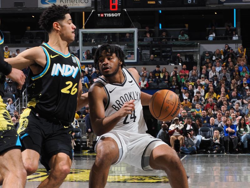 INDIANAPOLIS, IN - MARCH 16: Cam Thomas #24 of the Brooklyn Nets handles the ball during the game against the Indiana Pacers on March 16, 2024 at Gainbridge Fieldhouse in Indianapolis, Indiana. NOTE TO USER: User expressly acknowledges and agrees that, by downloading and or using this Photograph, user is consenting to the terms and conditions of the Getty Images License Agreement. Mandatory Copyright Notice: Copyright 2024 NBAE (Photo by Ron Hoskins/NBAE via Getty Images)