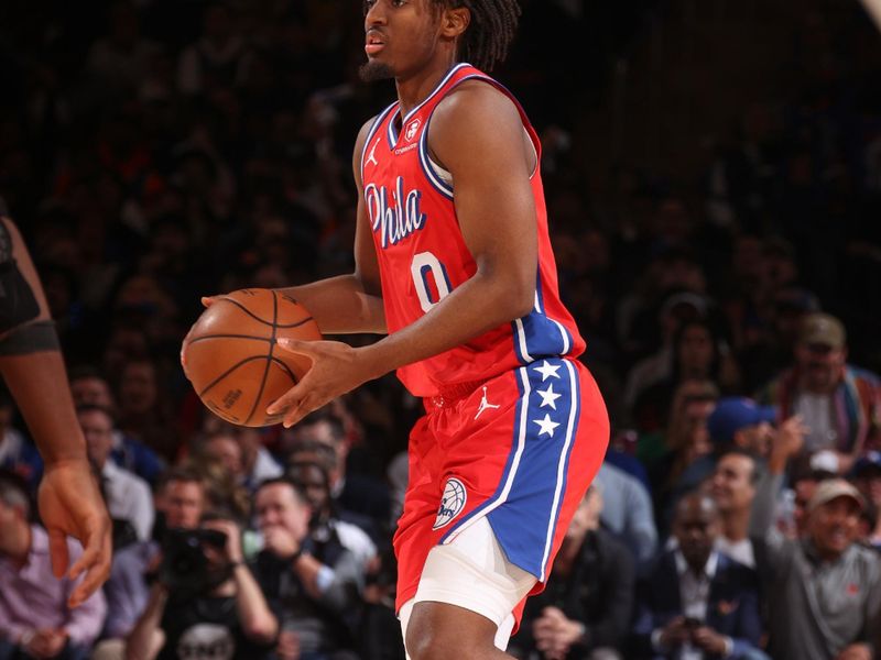 NEW YORK, NY - APRIL 22:  Tyrese Maxey #0 of the Philadelphia 76ers handles the ball during the game  against the New York Knicks during Round 1 Game 2 of the 2024 NBA Playoffs on April 22, 2024 at Madison Square Garden in New York City, New York.  NOTE TO USER: User expressly acknowledges and agrees that, by downloading and or using this photograph, User is consenting to the terms and conditions of the Getty Images License Agreement. Mandatory Copyright Notice: Copyright 2024 NBAE  (Photo by Nathaniel S. Butler/NBAE via Getty Images)