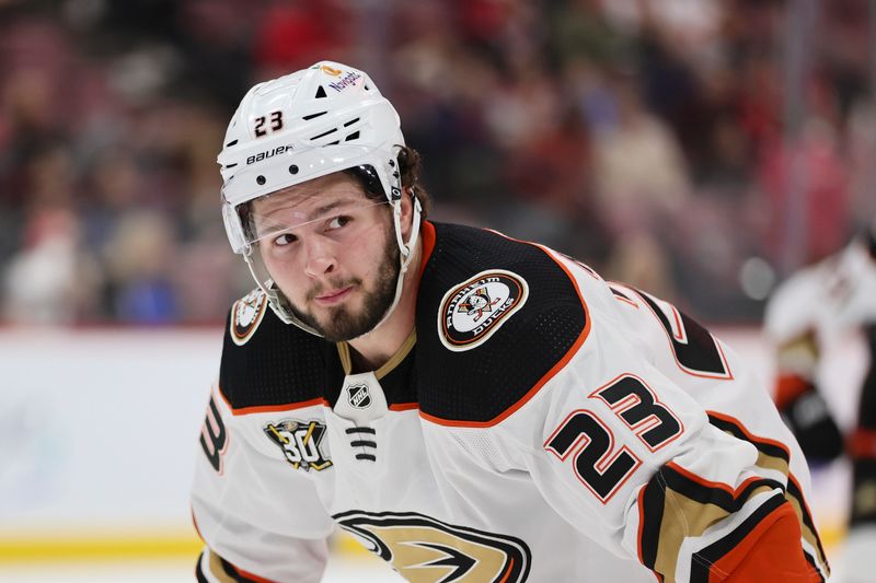 Jan 15, 2024; Sunrise, Florida, USA; Anaheim Ducks center Mason McTavish (23) looks on against the Florida Panthers during the first period at Amerant Bank Arena. Mandatory Credit: Sam Navarro-USA TODAY Sports