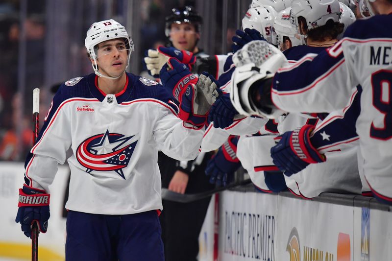 Feb 21, 2024; Anaheim, California, USA;  Columbus Blue Jackets left wing Johnny Gaudreau (13) celebrates his goal scored against the against the Anaheim Ducks during the first period at Honda Center. Mandatory Credit: Gary A. Vasquez-USA TODAY Sports