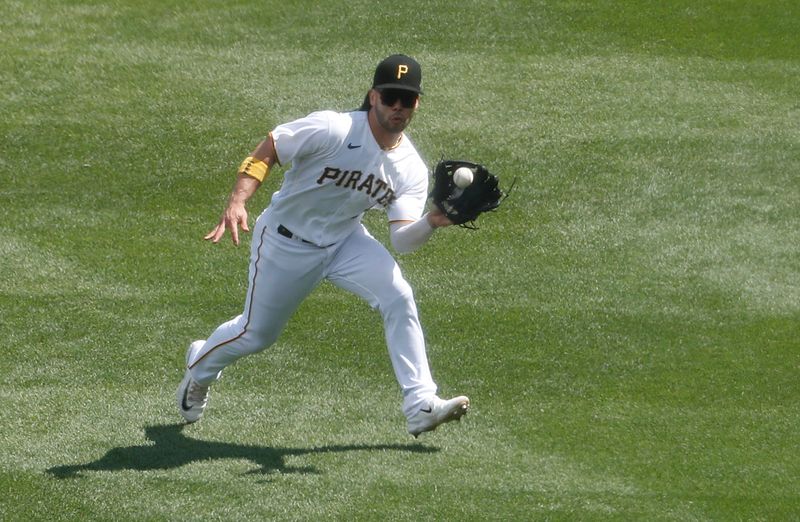 Aug 27, 2023; Pittsburgh, Pennsylvania, USA;  Pittsburgh Pirates right fielder Connor Joe (2) makes a catch for an out on a ball hit by Chicago Cubs left fielder Ian Happ (not pictured) during the fifth inning at PNC Park. Mandatory Credit: Charles LeClaire-USA TODAY Sports