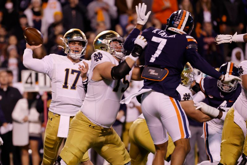 Nov 13, 2021; Charlottesville, Virginia, USA; Notre Dame Fighting Irish quarterback Jack Coan (17) passes the ball as Virginia Cavaliers outside linebacker Noah Taylor (7) defends during the first quarter at Scott Stadium. Mandatory Credit: Geoff Burke-USA TODAY Sportsa