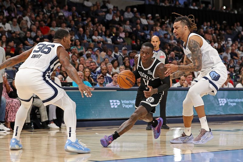 MEMPHIS, TENNESSEE - OCTOBER 30: Dennis Schroder #17 of the Brooklyn Nets handles the ball against Brandon Clarke #15 of the Memphis Grizzlies during the second half at FedExForum on October 30, 2024 in Memphis, Tennessee. NOTE TO USER: User expressly acknowledges and agrees that, by downloading and or using this photograph, User is consenting to the terms and conditions of the Getty Images License Agreement. (Photo by Justin Ford/Getty Images)