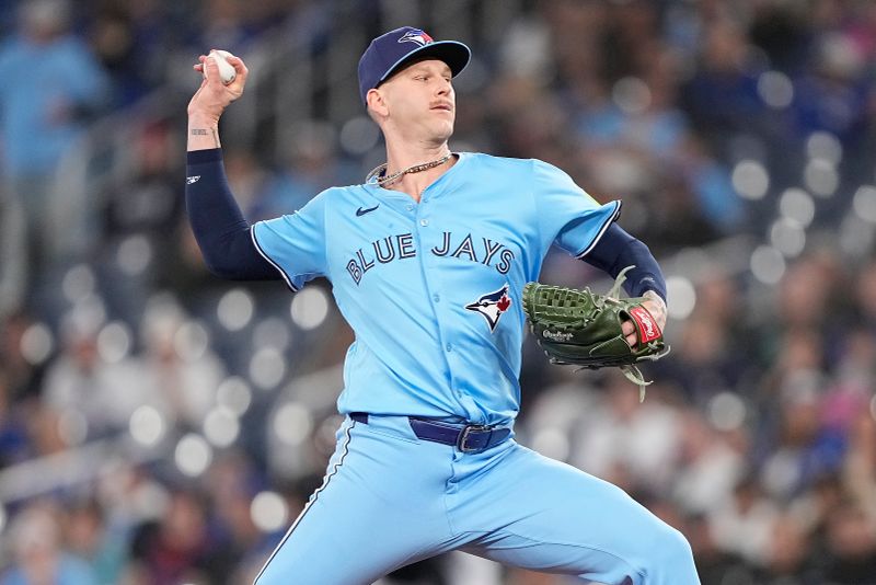 May 4, 2025; Toronto, Ontario, CAN; Toronto Blue Jays starting pitcher Bowden Francis (44) pitches to the Cleveland Guardians during the first inning at Rogers Centre. Mandatory Credit: John E. Sokolowski-Imagn Images