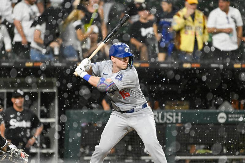 Jun 24, 2024; Chicago, Illinois, USA;  Los Angeles Dodgers catcher Will Smith (16) bats against the Chicago White Sox during the seventh inning at Guaranteed Rate Field. Mandatory Credit: Matt Marton-USA TODAY Sports