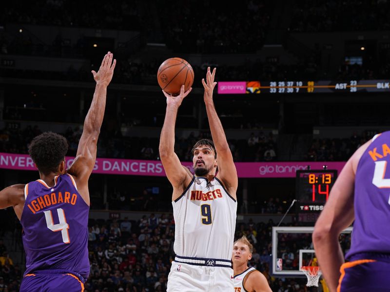 DENVER, CO - OCTOBER 13: Dario Saric #9 of the Denver Nuggets shoots the ball during the game against the Phoenix Suns on October 13, 2024 at Ball Arena in Denver, Colorado. NOTE TO USER: User expressly acknowledges and agrees that, by downloading and/or using this Photograph, user is consenting to the terms and conditions of the Getty Images License Agreement. Mandatory Copyright Notice: Copyright 2024 NBAE (Photo by Garrett Ellwood/NBAE via Getty Images)