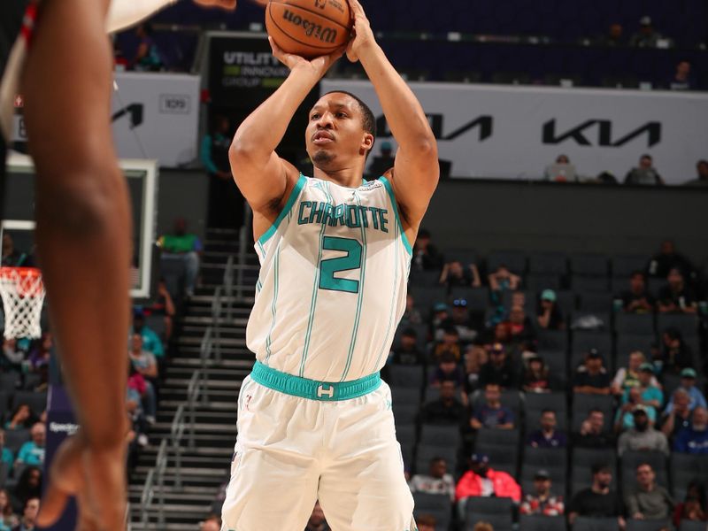 CHARLOTTE, NC - APRIL 3: Grant Williams #2 of the Charlotte Hornets shoots a 3-point basket during the game  on April 3, 2024 at Spectrum Center in Charlotte, North Carolina. NOTE TO USER: User expressly acknowledges and agrees that, by downloading and or using this photograph, User is consenting to the terms and conditions of the Getty Images License Agreement. Mandatory Copyright Notice: Copyright 2024 NBAE (Photo by Kent Smith/NBAE via Getty Images)