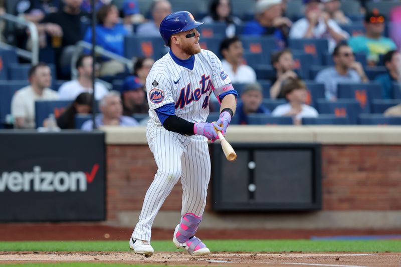 Jun 12, 2024; New York City, New York, USA; New York Mets center fielder Harrison Bader (44) follows through on a two run home run against the Miami Marlins during the first inning at Citi Field. Mandatory Credit: Brad Penner-USA TODAY Sports