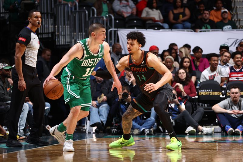 WASHINGTON, DC -? MARCH 17: Payton Pritchard #11 of the Boston Celtics handles the ball during the game against the Washington Wizards on March 17, 2024 at Capital One Arena in Washington, DC. NOTE TO USER: User expressly acknowledges and agrees that, by downloading and or using this Photograph, user is consenting to the terms and conditions of the Getty Images License Agreement. Mandatory Copyright Notice: Copyright 2024 NBAE (Photo by Kenny Giarla/NBAE via Getty Images)