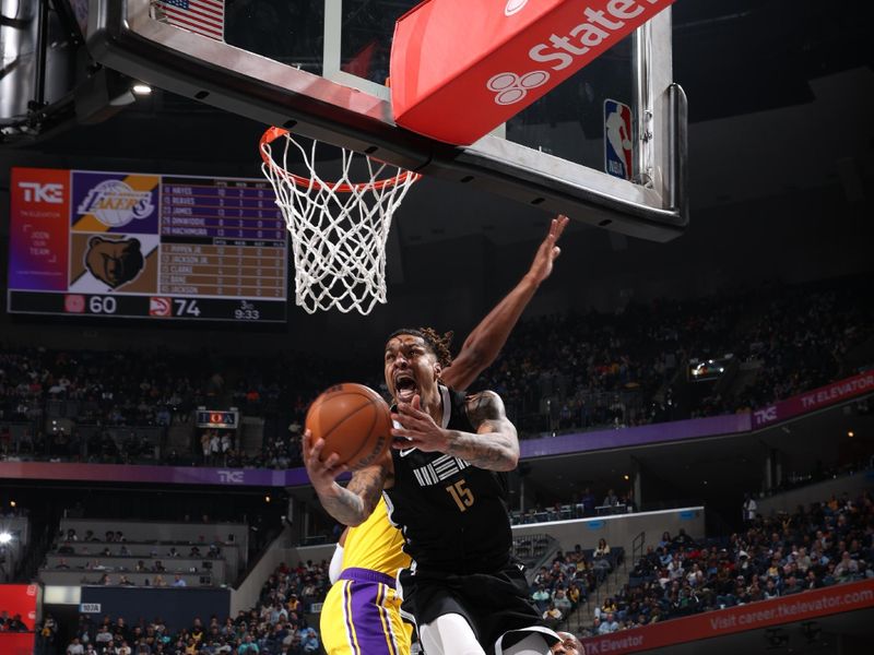 MEMPHIS, TN - MARCH 27: Brandon Clarke #15 of the Memphis Grizzlies drives to the basket during the game against the Los Angeles Lakers on March 27, 2024 at FedExForum in Memphis, Tennessee. NOTE TO USER: User expressly acknowledges and agrees that, by downloading and or using this photograph, User is consenting to the terms and conditions of the Getty Images License Agreement. Mandatory Copyright Notice: Copyright 2024 NBAE (Photo by Joe Murphy/NBAE via Getty Images)