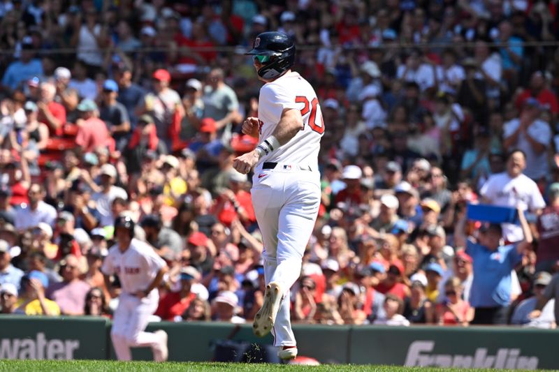 Jun 29, 2025; Boston, Massachusetts, USA; Boston Red Sox second baseman Nick Sogard (20) checks for a fair ball while scoring a run on an RBI by first baseman Romy Gonzalez (23) (not pictured) during the fifth inning against the Toronto Blue Jays at Fenway Park. Mandatory Credit: Eric Canha-Imagn Images