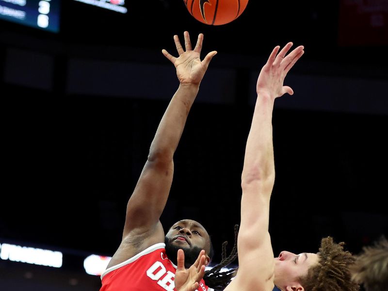 Jan 26, 2026; Columbus, Ohio, USA; Ohio State Buckeyes guard Bruce Thornton (2) drives to the basket as Penn State Nittany Lions guard Dominick Stewart (7) defends during the second half at Value City Arena. Mandatory Credit: Joseph Maiorana-Imagn Images