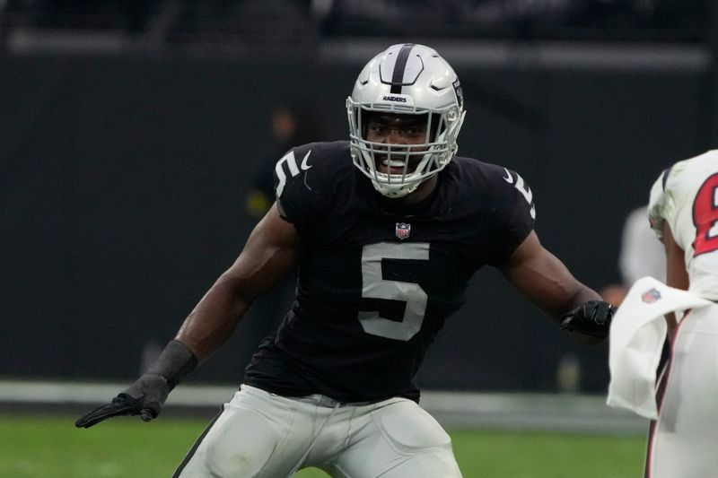 Las Vegas Raiders linebacker Divine Deablo (5) drops back in coverage during an NFL football game against the Houston Texans, Sunday, Oct 23, 2022, in Las Vegas. (AP Photo/Rick Scuteri)