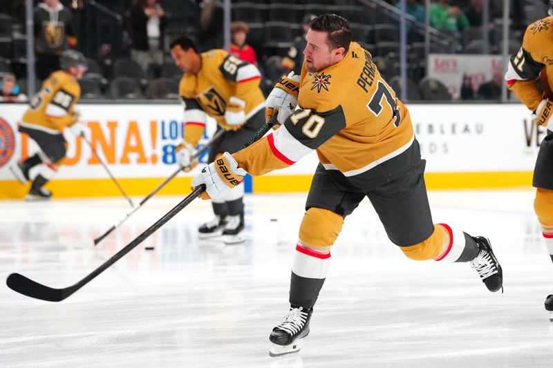 Dec 6, 2024; Las Vegas, Nevada, USA; Vegas Golden Knights left wing Tanner Pearson (70) warms up before a game against the Dallas Stars at T-Mobile Arena. Mandatory Credit: Stephen R. Sylvanie-Imagn Images