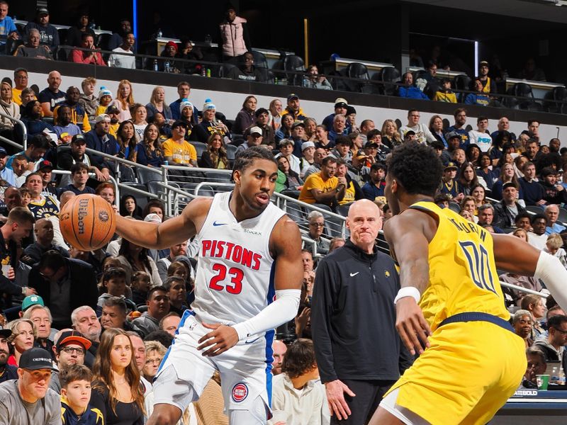 INDIANAPOLIS, IN - NOVEMBER 29:  Jaden Ivey #23 of the Detroit Pistons handles the ball during the game against the Indiana Pacers during the Emirates NBA Cup game on November 29, 2024 at Gainbridge Fieldhouse in Indianapolis, Indiana. NOTE TO USER: User expressly acknowledges and agrees that, by downloading and or using this Photograph, user is consenting to the terms and conditions of the Getty Images License Agreement. Mandatory Copyright Notice: Copyright 2024 NBAE (Photo by Ron Hoskins/NBAE via Getty Images)