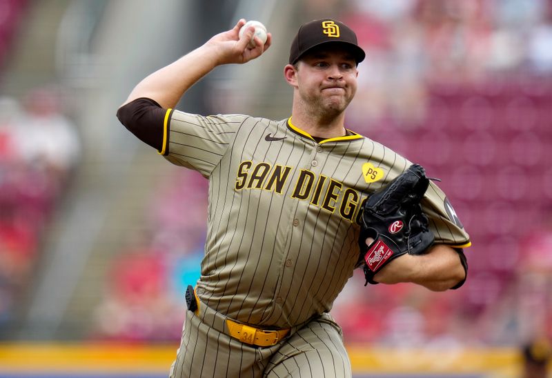 May 22, 2024; Cincinnati, Ohio, USA; San Diego Padres Michael King pitches to the Cincinnati Reds in the 1st inning at Great American Ball Park in Cincinnati.  Mandatory Credit: Cara Owsley-USA TODAY Sports
