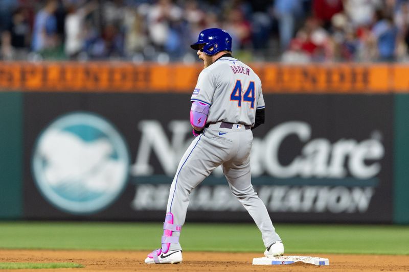 May 16, 2024; Philadelphia, Pennsylvania, USA; New York Mets outfielder Harrison Bader (44) reacts after his RBI single during the eighth inning against the Philadelphia Phillies at Citizens Bank Park. Mandatory Credit: Bill Streicher-USA TODAY Sports