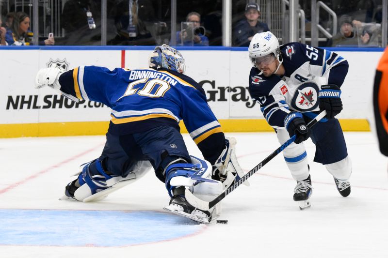 Oct 22, 2024; St. Louis, Missouri, USA; St. Louis Blues goaltender Jordan Binnington (50) makes a save against Winnipeg Jets center Mark Scheifele (55) during the third period at Enterprise Center. Mandatory Credit: Jeff Le-Imagn Images 