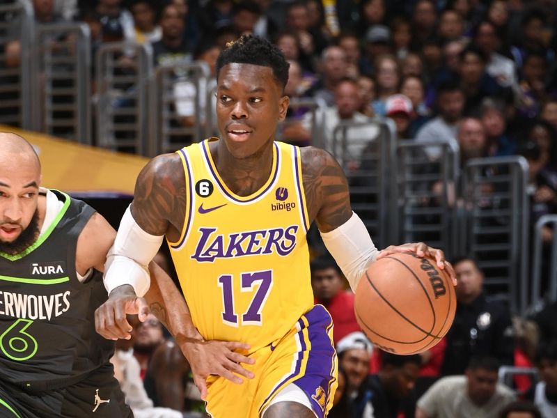 LOS ANGELES, CA - APRIL 11: Dennis Schroder #17 of the Los Angeles Lakers moves the ball during the game against the Minnesota Timberwolves during the 2023 Play-In Tournament on April 11, 2023 at Crypto.Com Arena in Los Angeles, California. NOTE TO USER: User expressly acknowledges and agrees that, by downloading and/or using this Photograph, user is consenting to the terms and conditions of the Getty Images License Agreement. Mandatory Copyright Notice: Copyright 2023 NBAE (Photo by Andrew D. Bernstein/NBAE via Getty Images)