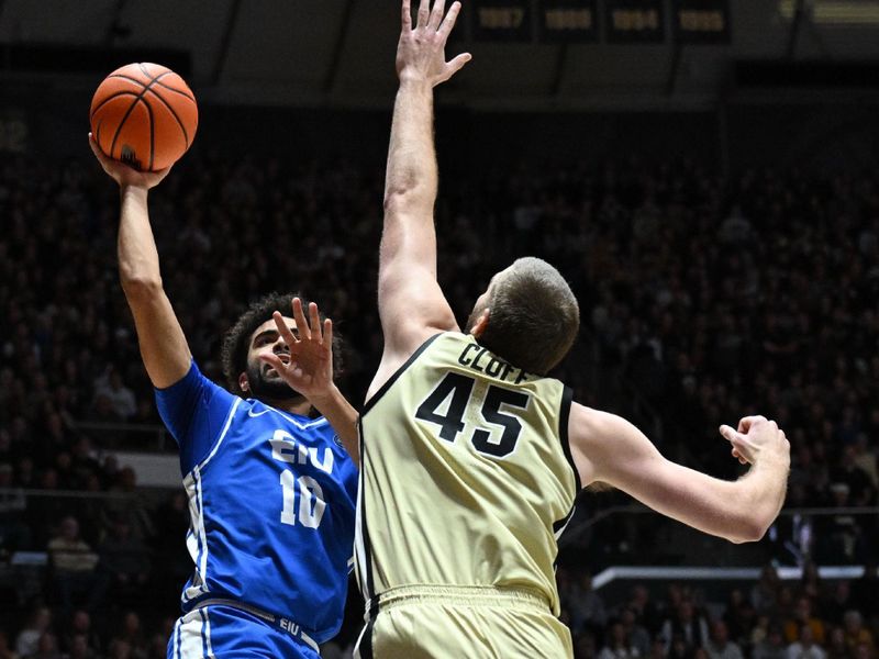 Nov 28, 2025; West Lafayette, Indiana, USA;  Eastern Illinois Panthers guard Preston Turner (10) shoots the ball over Purdue Boilermakers center Oscar Cluff (45) during the first half at Mackey Arena. Mandatory Credit: Marc Lebryk-Imagn Images