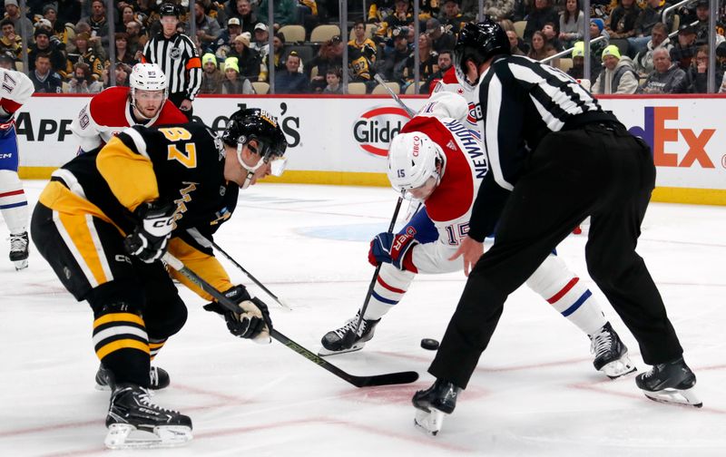 Feb 22, 2024; Pittsburgh, Pennsylvania, USA; Pittsburgh Penguins center Sidney Crosby (87) and Montreal Canadiens center Alex Newhook (15) take a afce-off during the first period at PPG Paints Arena. Mandatory Credit: Charles LeClaire-USA TODAY Sports