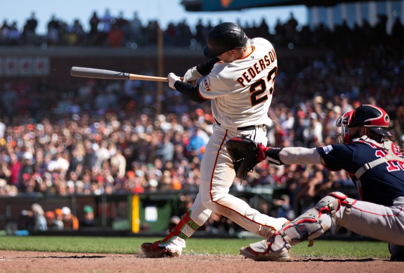 Jul 30, 2023; San Francisco, California, USA; San Francisco Giants left fielder Joc Pederson (23) connects for a game-winning single against the Boston Red Sox during the 11th inning at Oracle Park. Mandatory Credit: D. Ross Cameron-USA TODAY Sports