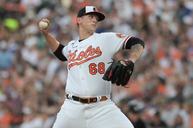 Jul 29, 2023; Baltimore, Maryland, USA;  Baltimore Orioles starting pitcher Tyler Wells (68) throws a second inning pitch against the New York Yankees at Oriole Park at Camden Yards. Mandatory Credit: Tommy Gilligan-USA TODAY Sports