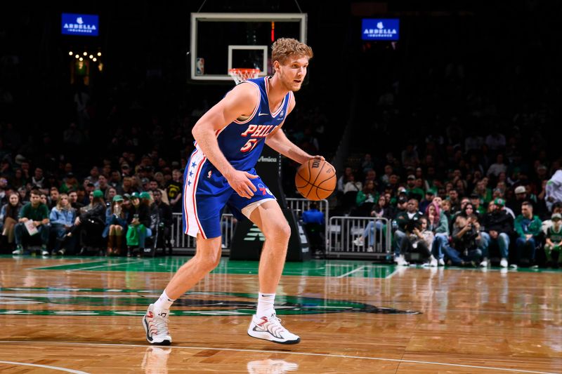 BOSTON, MA - OCTOBER 12: Max Fiedler #51 of the Philadelphia 76ers handles the ball during the game against the Boston Celtics during a NBA Preseason game on October 12, 2024 at TD Garden in Boston, Massachusetts. NOTE TO USER: User expressly acknowledges and agrees that, by downloading and/or using this Photograph, user is consenting to the terms and conditions of the Getty Images License Agreement. Mandatory Copyright Notice: Copyright 2024 NBAE (Photo by Brian Babineau/NBAE via Getty Images)