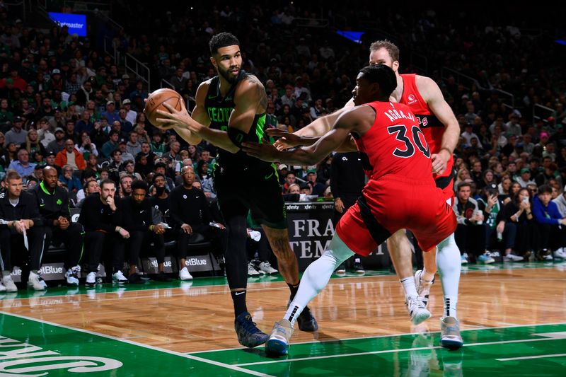 BOSTON, MA - NOVEMBER 16: Jayson Tatum #0 of the Boston Celtics looks to pass the ball during the game against the Toronto Raptors on November 16, 2024 at TD Garden in Boston, Massachusetts. NOTE TO USER: User expressly acknowledges and agrees that, by downloading and/or using this Photograph, user is consenting to the terms and conditions of the Getty Images License Agreement. Mandatory Copyright Notice: Copyright 2024 NBAE (Photo by Brian Babineau/NBAE via Getty Images)