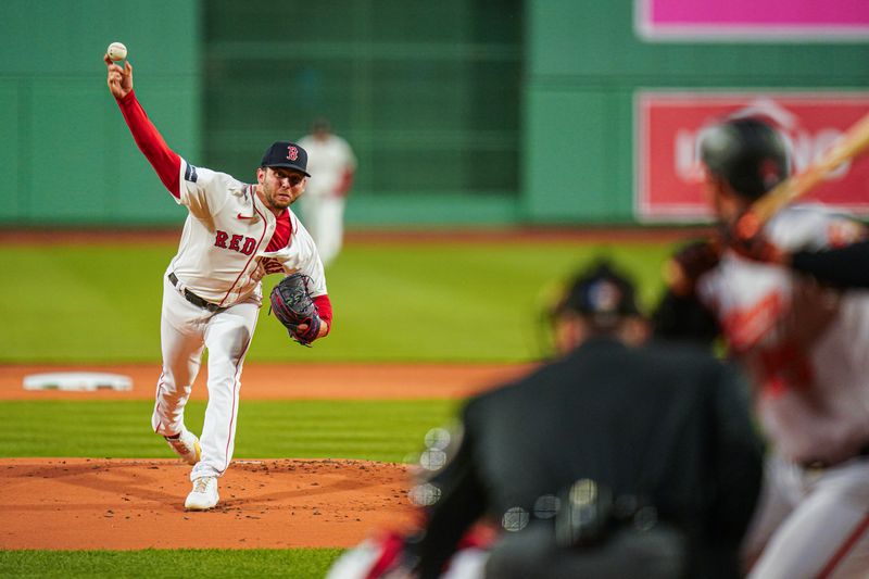 Apr 10, 2024; Boston, Massachusetts, USA; Boston Red Sox pitcher Kutter Crawford (50) throws a pitch against the Baltimore Orioles in the first inning at Fenway Park. Mandatory Credit: David Butler II-USA TODAY Sports