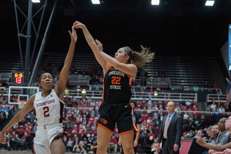 Jan 27, 2023; Stanford, California, USA; Oregon State Beavers guard Talia von Oelhoffen (22) shoots the basketball during the fourth quarter against Stanford Cardinal guard Agnes Emma-Nnopu (2) at Maples Pavilion. Mandatory Credit: Neville E. Guard-USA TODAY Sports