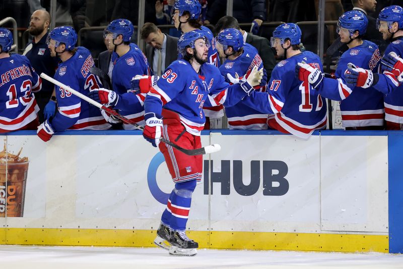 Dec 20, 2025; New York, New York, USA; New York Rangers center Mika Zibanejad (93) celebrates his game tying goal against the Philadelphia Flyers with teammates during the third period at Madison Square Garden. Mandatory Credit: Brad Penner-Imagn Images