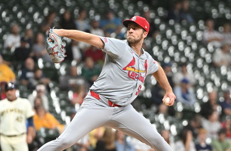 Sep 3, 2024; Milwaukee, Wisconsin, USA; St. Louis Cardinals pitcher Matthew Liberatore (52) delivers a pitch against the Milwaukee Brewers in the ninth inning at American Family Field. Mandatory Credit: Michael McLoone-Imagn Images