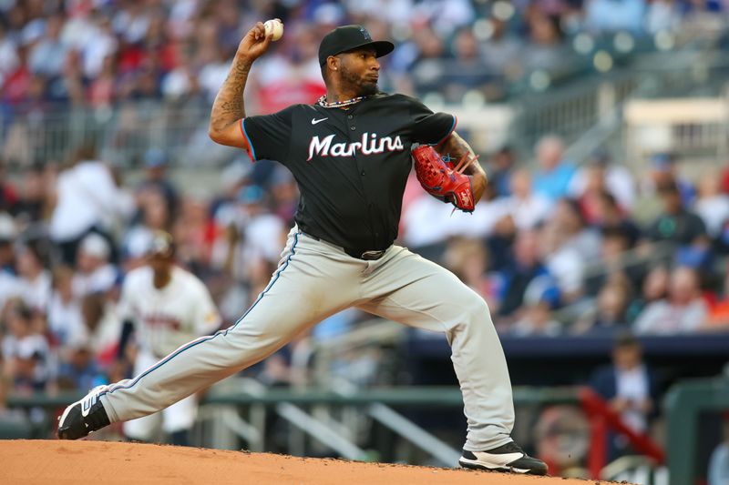 Apr 24, 2024; Atlanta, Georgia, USA; Miami Marlins starting pitcher Sixto Sanchez (18) throws against the Atlanta Braves in the first inning at Truist Park. Mandatory Credit: Brett Davis-USA TODAY Sports