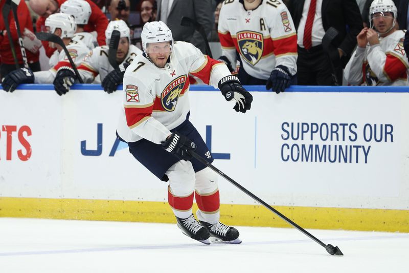 Feb 17, 2024; Tampa, Florida, USA;  Florida Panthers defenseman Dmitry Kulikov (7) controls the puck against the Tampa Bay Lightning in the second period at Amalie Arena. Mandatory Credit: Nathan Ray Seebeck-USA TODAY Sports