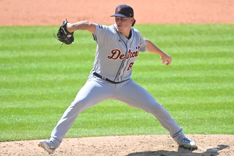 Aug 20, 2023; Cleveland, Ohio, USA; Detroit Tigers relief pitcher Tyler Holton (87) delivers a pitch in the seventh inning against the Cleveland Guardians at Progressive Field. Mandatory Credit: David Richard-USA TODAY Sports